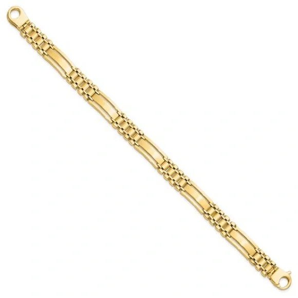 14k Polished and Satin 8.8mm Fancy Bar Link 8.5 inch Mens Bracelet - Picture 2 of 5